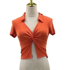 TOPCHIC S Orange Collar Short Sleeve Twist Knot Crop Top T-Shirt Blouse NWT b80